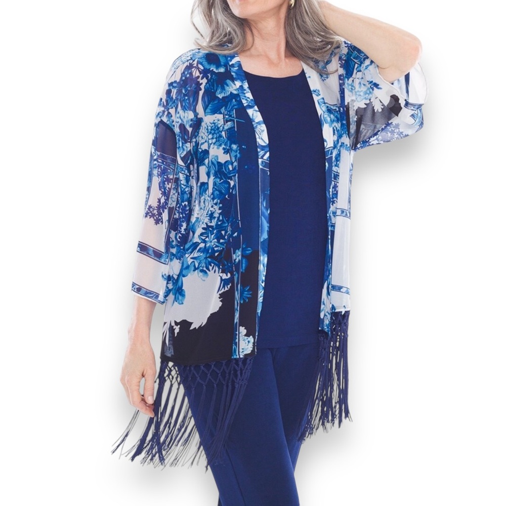 Chicos Travelers L/XL Blue Patchwork Fringe Duster Open Kimono Swim Cover Floral
